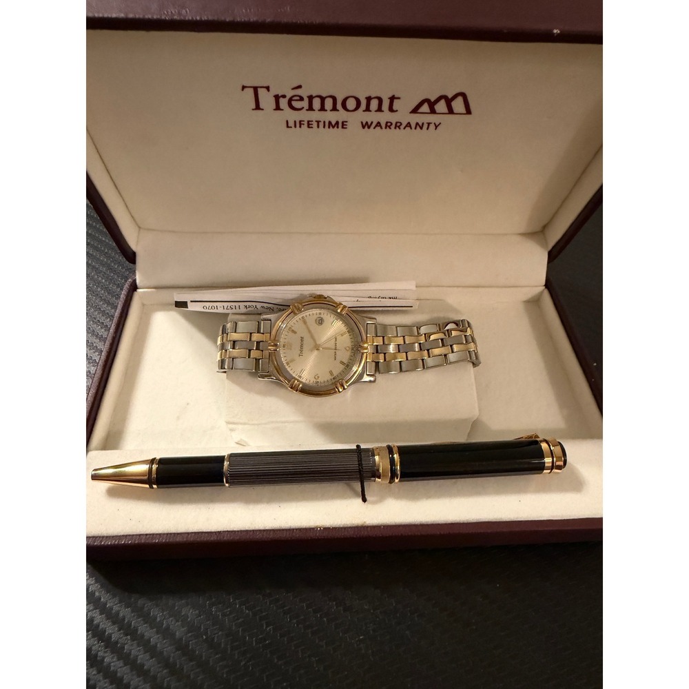 Tremont Mens Two Tone Watch and Pen Gift Set Gold Silver Date Japan Movt Boxed